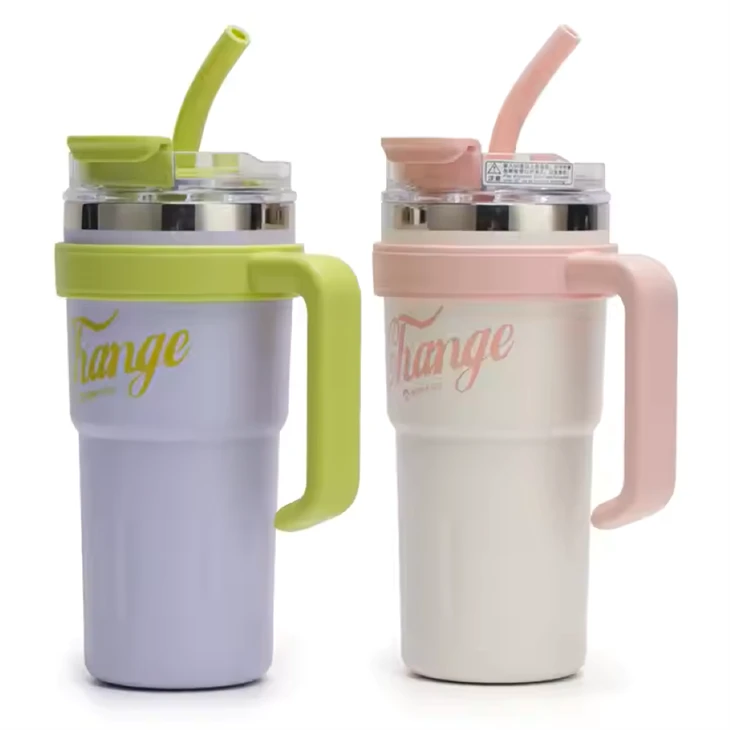 Vacuum Travel Stainless Steel Tumbler Cup With Handle And Straw